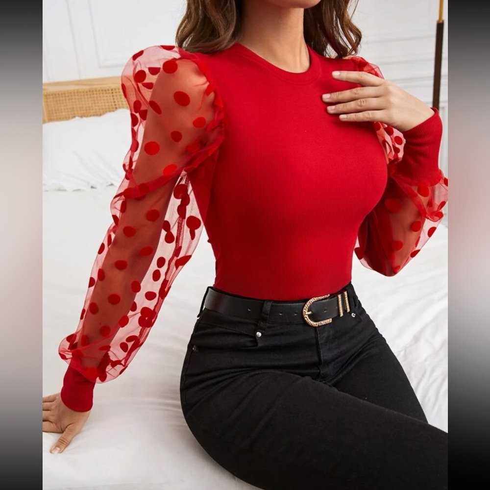 Elegant Red Polka Dot Sleeve Blouse